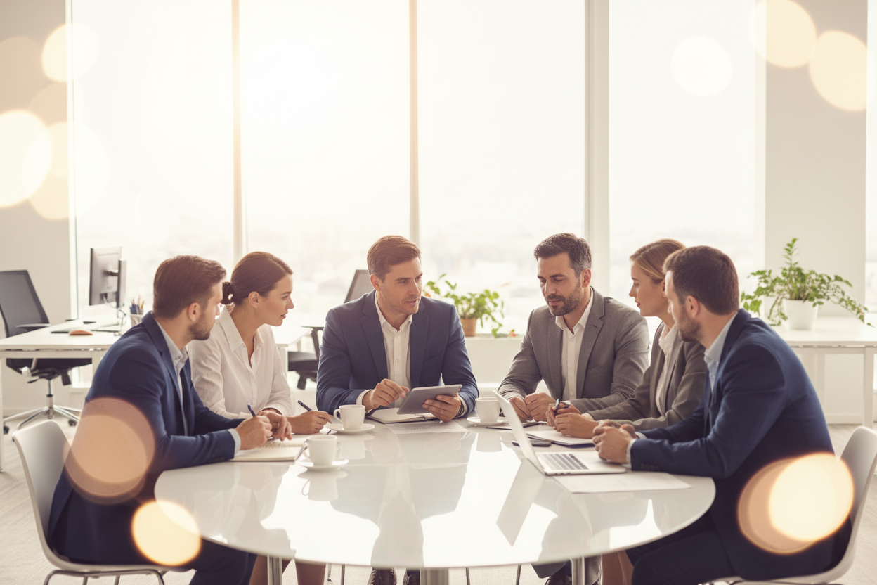 Employees in a round table blured backgorund, light room, 